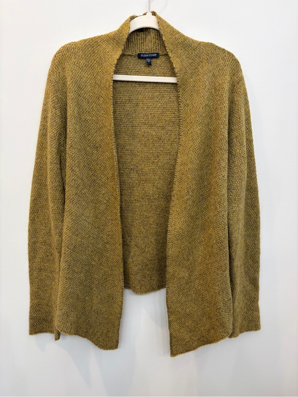Eileen Fisher Green Knit Open Front Shawl Collar Cardigan Sweater Size L